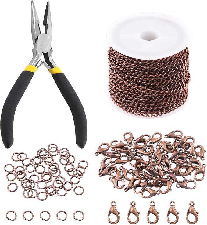 Keadic 102Pcs 30 Feet Jewelry Making Chains Kit W 3mm Metal Necklace Twisted Links Chain, Lobster Clasps, Open Jump Rings and Jewelry Pliers for Bracelet Earring Anklet DIY (Copper)