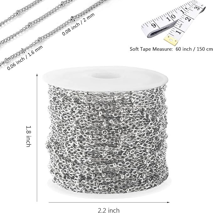 16 Ft Stainless Steel Bead Chain for Jewelry Making, 1.6 mm Thin Silver Ball Beaded Cable Link Chains Roll for DIY Necklace Bracelet Jewelry Making Supplies with Lobster Clasps Soft Tape Measure