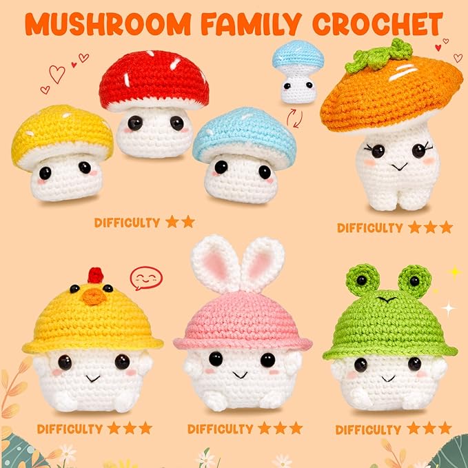 MAGIMUSE Crochet Kit for Beginners, Crochet Starter Kits for Adults Amigurumi Craft Knitting Crocheting Kits with Step-by-Step Video Tutorials, Mushroom Family(40%+ Yarn