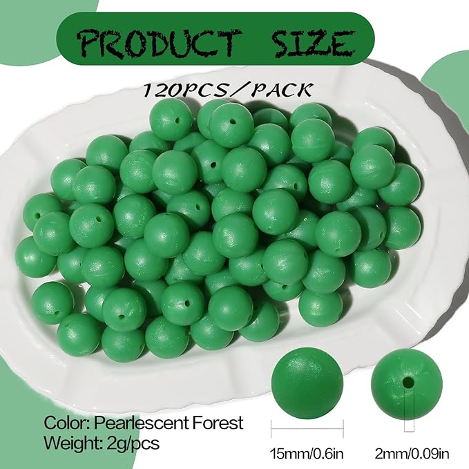 120pcs Richbunnys 15mm Bulk Silicone Beads for Pens and Keychain Making,Large Bead for Necklace and Bracelets Making,Assorted Rubber Beads Set（Pearlescent Forest）