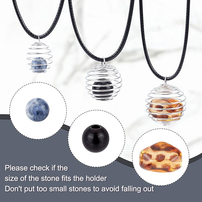 PH PandaHall Iron Crystal Holder Necklace Kit, 24pcs 3 Sizes Spiral Stone Tumbled Rock Bead Cage with 24pcs 17" Waxed Cotton Necklace Cord 50pcs Jump Rings for Lucky Charms,14/20/25mm