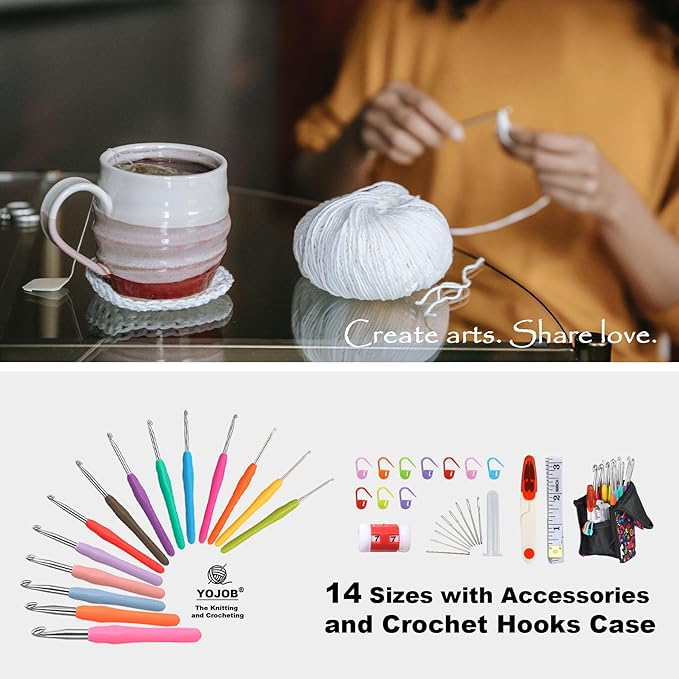 YOJOB 14 Sizes Crochet Hooks Set, 2.25mm - 10mm, Ergonomic Crochet Hook Set for Arthritis and Beginners, with Crochet Case and Accessories