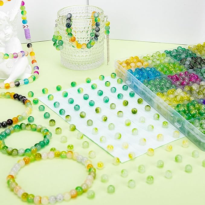 XSEINO About 1200+ pcs 6mm Glass Beads Bracelet Making Kit, 24 Assorted Green Bi-Color Fusion Series Crystal Beads for Jewelry Making, DIY Crafts, Friendship Bracelets