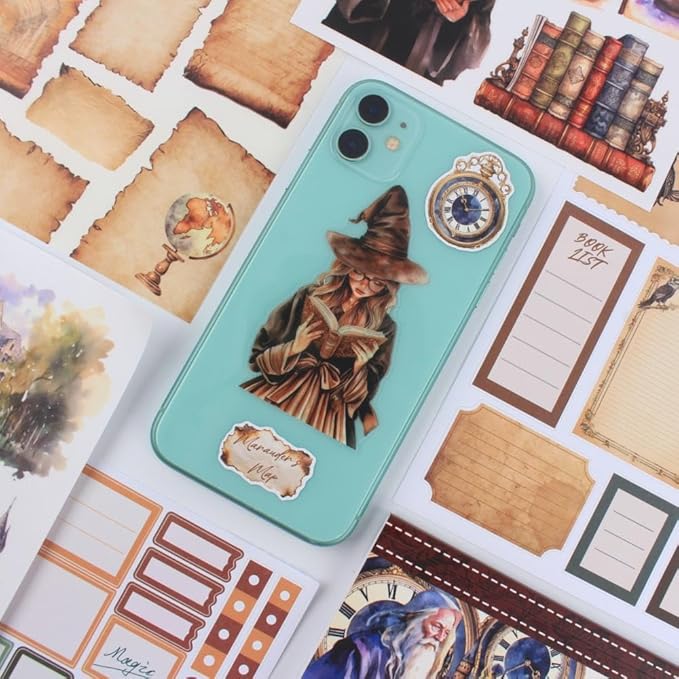 The Secrets of Wizards Sticker Book for Journaling Collage, 20 Sheets Precut Transparent PET Washi Matte Paper Materials Stickers for Scrapbooking, Junk Journal Supplies, Planner