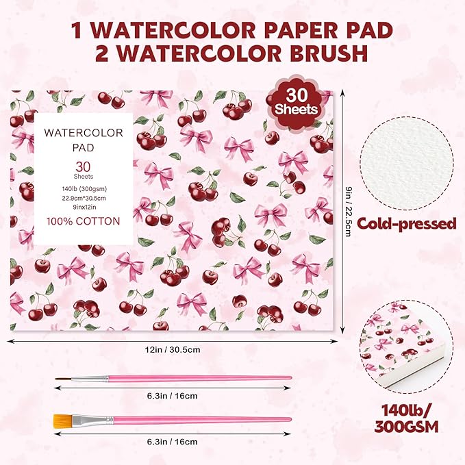 30 Sheets Watercolor Paper Pad with 2 Pcs Watercolor Brush, 140lb/300GSM Water Color Paper 9x12in, Cold Pressed Tearable Water Color Sketchbook Easter Gifts for Beginner Artists