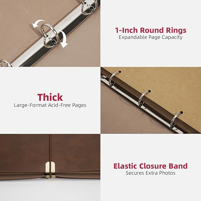 Vienrose Photo Album Scrapbook Kit, 3 Ring Faux Leather Cover DIY Memory Book Kraft Paper with 30 Sheets 60 Pages, Vintage Scrapbooking Supplies Set for Wedding, Anniversary, Valentine Gifts, Brown