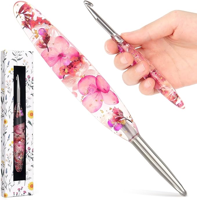 Katech 6.5mm Crochet Hook for Arthritic Hands, Hand-Polished Stainless Steel Ergonomic Crochet Hooks with Customized Sparkle Dried Floral Grip, Soft Tapered Hook-Crochet Gift for Beginner & Crocheter