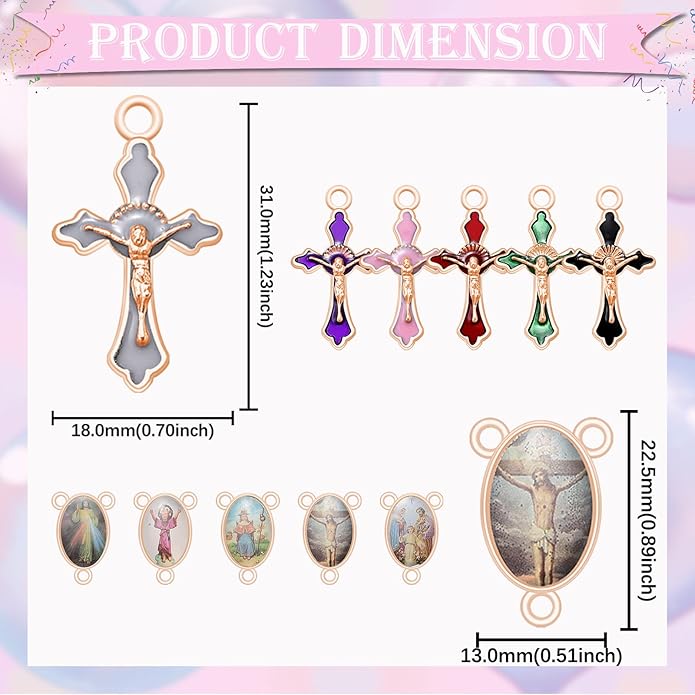 60Pcs/30Set Rosary Making Kits Supplies Religion Cross and Center Medal Charms Alloy Picture Jesus Enamel Pendant for Diy Prayer Necklace Jewelry