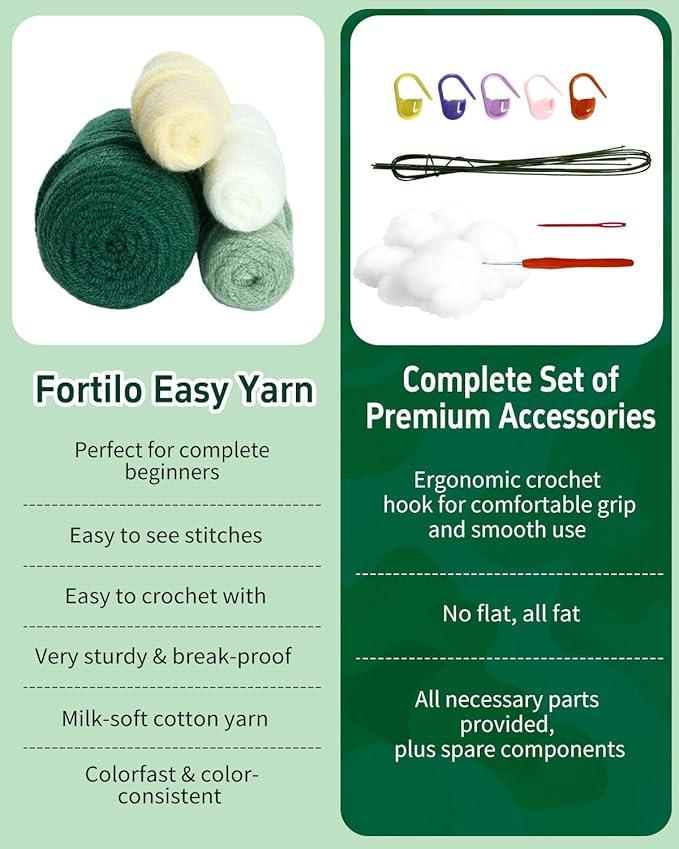Fortilo Crochet Kit for Beginners Crochet Animals Green Owl with Step-by-Step Video Tutorials 30% Extra Yarn, Perfect for Gifts, Emotional Support, Ideal Knitting Kit for Adults, Kids