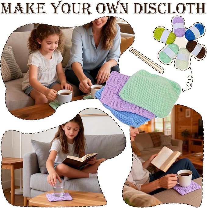 Lewhoo Knitting Kit for Beginners,Learn to Knit Kit for 6 Patterns Dishcloth with Step-by-Step Instruction,Complete Knit Starter Kit -Including Yarn, Knitting Needle&Accessories