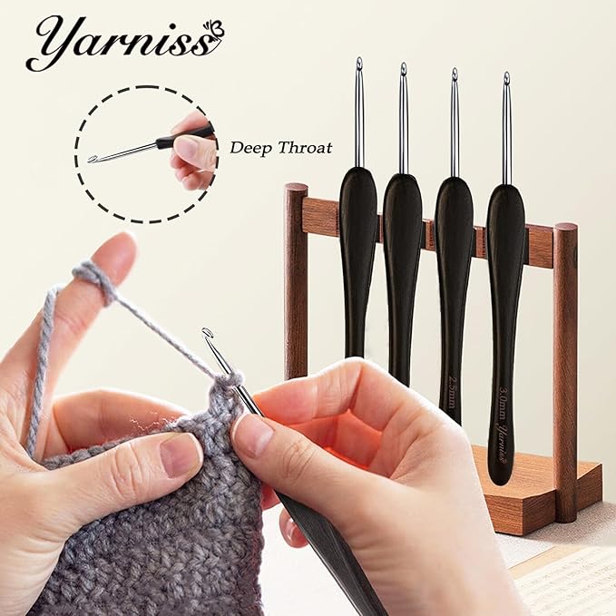 Yarniss 5.0mm Steel Crochet Hook with Ebony Wooden Handle,Handmade Inline Crochet Hook with Pointed Head,Comfortable Crochet Needle with Case