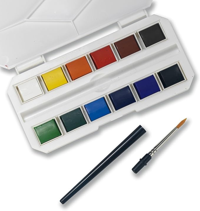 12 Assorted Water Colors Travel Pocket Set- Quality Paint Brush-Easy to Blend Colors-Half Pan Watercolors- Perfect for Painting on The Go JQ-112