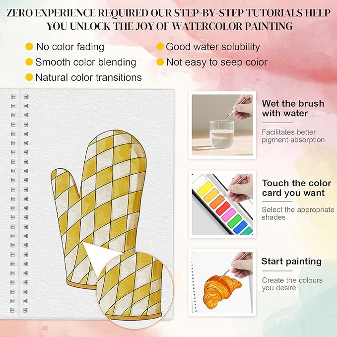 APOLYONE 2-Pack Beginner Watercolor Workbooks: 24 Coloring Pages + 12 Watercolor Paints + Brush – 300gsm/140lb Paper – Gift for Women, Adults & Beginners (Autumn & Kitchen)