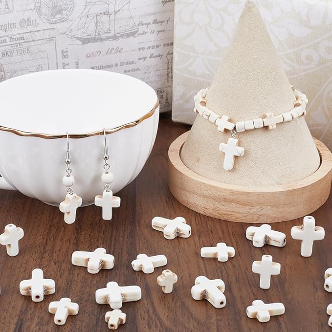 SUNNYCLUE 1 Box 90Pcs White Cross Beads Mini Small Synthetic Turquoise Stone Cross Bead Tiny Pocket Crosses Easter Holiday Crucifix Loose Spacer Beads for Jewelry Making Beading Supplies DIY Crafts