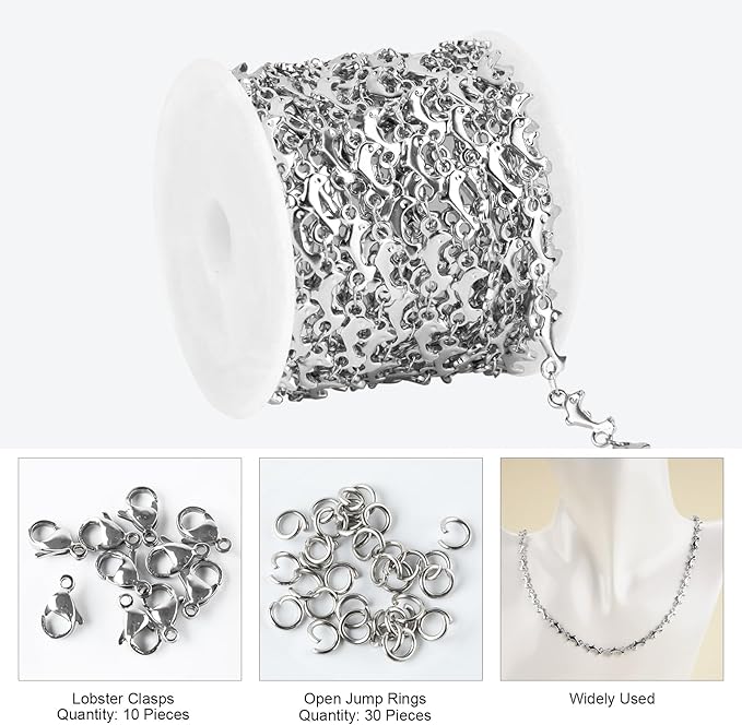 Kyutong 13 Feet Stainless Steel Chains for Jewelry Making Lovely Dolphins Link Chain Roll with Lobster Clasps and Jump Rings for Jewelry Crafts DIY