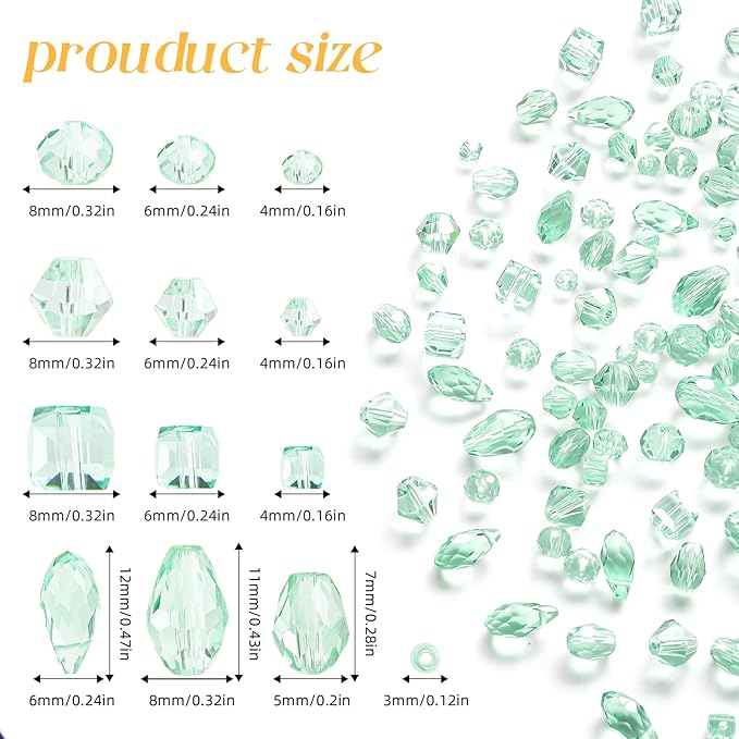 1500 Pcs Crystal Glass Beads for Jewelry Making – 12 Styles Bicone, Rondelle, Cube, Teardrop & 3mm Spacer Beads, DIY Bracelet Necklace Earring Craft Kit(Peppermint Green)