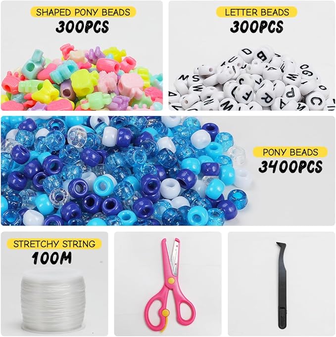 iooleem blue solid & glitter bulk pony beads - 4000pc kit for friendship bracelets & jewelry making, easy storage
