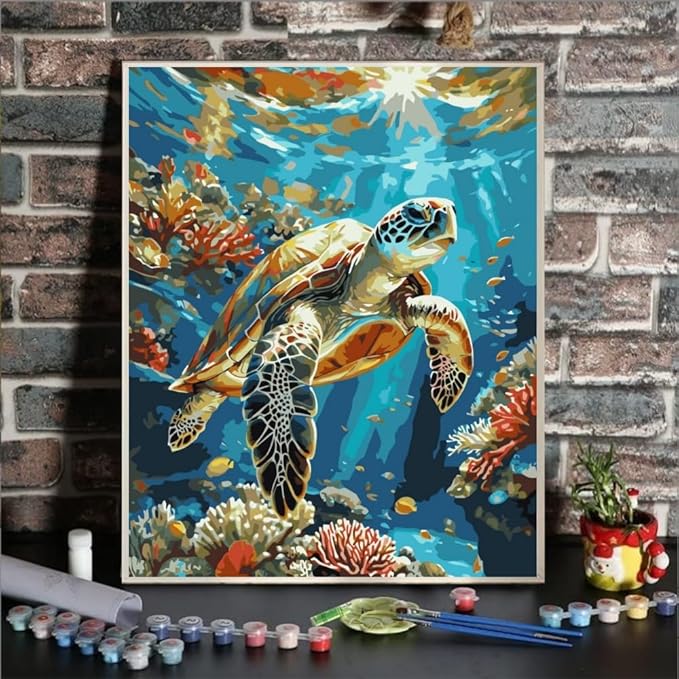 ldazao Painting By Numbers for Adults Number Oil Painting Kit Paint By Numbers Kit Beginner Turtle DIY Painting Kits for Adults Without Frame Paint By Number On Canvas for Gift Home Wall Decor