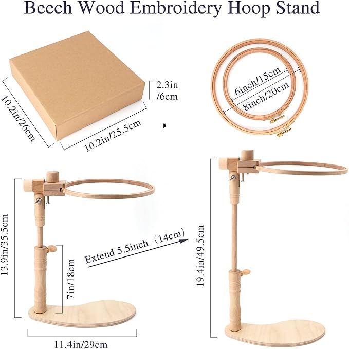zocone beech wood adjustable rotated embroidery hoop stand with 2 pcs 6'' 8'' embroidery hoops, wooden embroidery stand, embroidery hoop holder for cross stitch and embroidery project (a)
