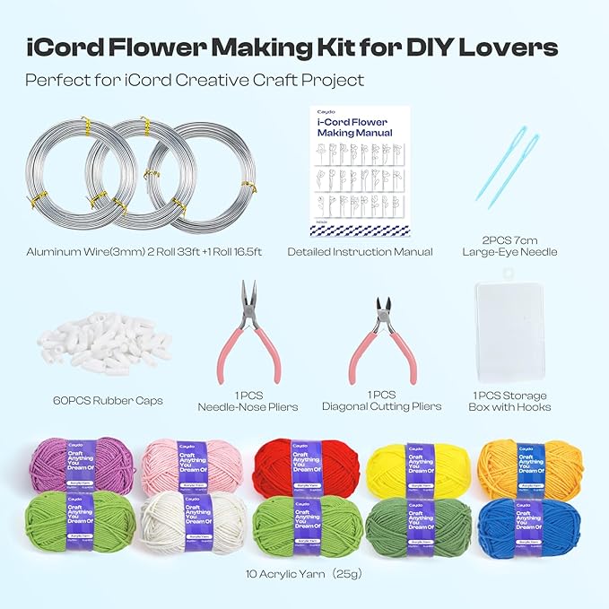 Caydo i Cord Flower Making Kit with 20 Flowers & 4 Leaves Templates, 10pcs Yarn and 82ft Craft Wire Kits for Beginner, DIY Florals Handicraft Making Kit, Learn to Knitting iCord with i Cord Maker Tool