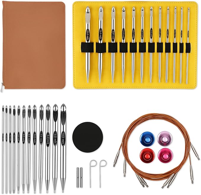 Tunisian Crochet Hooks Set Aluminum Metal Interchangeable Crochet Hook with Cable 3mm-10mm Ergonomic Crochet Hooks for Arthritic Hands 26Pic (Umber)