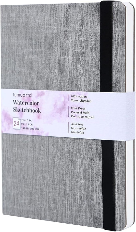 tumuarta Watercolor Sketchbook, 7.5x5, 140 LB, 300GSM, 100% Cotton Paper, Cold Press, 24 Sheets,48 Pages, Watercolor Journal for Use As Travel Sketch Book and Mixed Media Pad On The Go