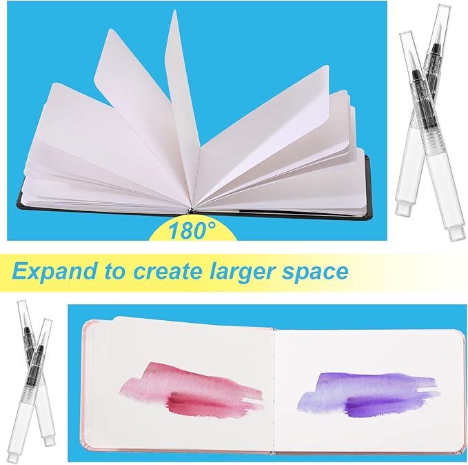 Teling 2 Pcs Watercolor Sketchbook with 3 Brush Pens, 140lb/300gsm Paper, Small Portable Travel Watercolor Journal, Pocket Notebook with Folding Pockets, Tear Away Pages with Dotted Line(7.6" X 5.3")
