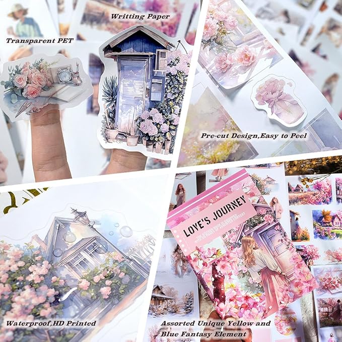 Love's Journey Scrapbook Stickers, Precut Journal Stickers Book for Junk Journaling, PET and Paper Materials, Seasons Landscape Girl People Stickers for Scrapbooking Supplies, A5