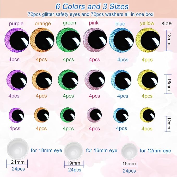 Nizdyzy 72pcs Safety Eyes for Crocheting Glitter Safety Eyes for Amigurumi Stuffed Animals Crochet DIY Dolls and Toys Making