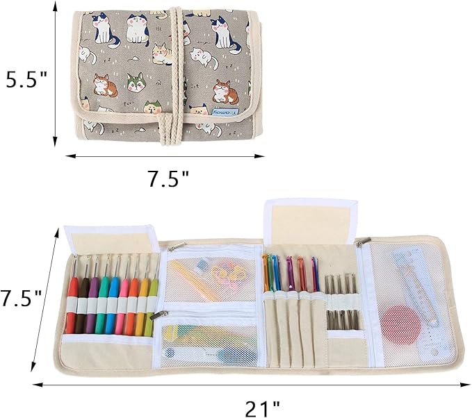 Teamoy Crochet Hook Case, Roll Bag Holder Organizer for Various Crochet Needles and Knitting Accessories, Cartoon Cats