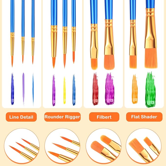 ESRICH Acrylic Paint Brushes Set, 10 Packs/ 100 Pcs Watercolor Brushes,Nylon Brush Head, for Oil Painting, Gouache, Face,Ceramics etc, Kid's and Adults Painting Arts and Crafts Paint Sets.