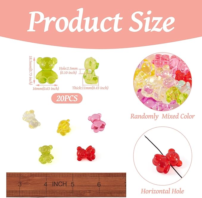 FASHEWELRY 20pcs Clear Acrylic Bear Beads Mixed Color Transparent Bear Spacer Beads Mini Cute Bear Loose Bead Bulk for Bracelet Necklace Earring Jewelry Making