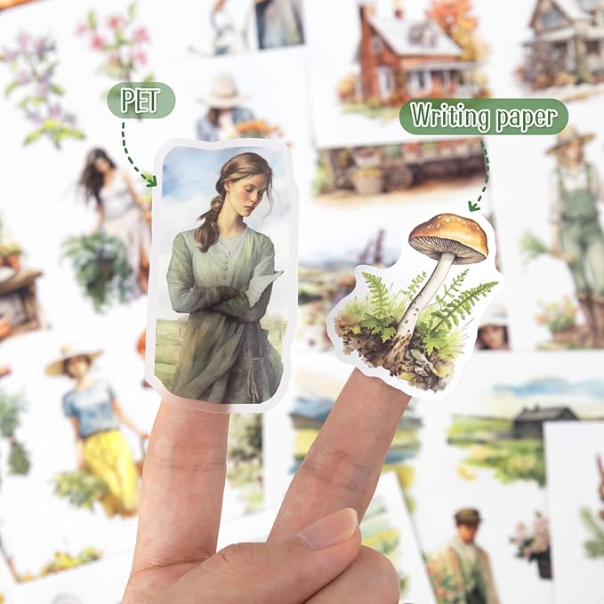 Dizdkizd Countryside Scrapbook Sticker, 179 Die Cuts PET and Paper Journaling Sticker Kit, Cottagecore Aesthetic Stickers for Bullet Journals, Planners, Collage