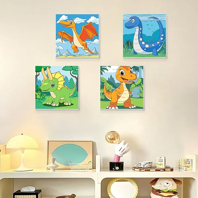 KEYIFA 4 Pack Framed Paint by Numbers Kit for Kids Age 6-12, Easy Cute Dinosaur Painting for Adult Beginners, DIY Framed Acrylic Canvas Painting for Home Decor Children Gift, 8x8 in