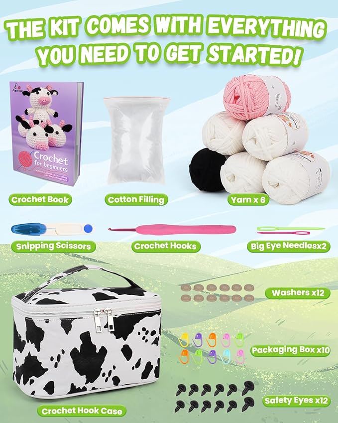 aeelike beginner crochet kit for adults, crochet starter kit with step-by-step instructions and easy see stitches yarn, cute cow family