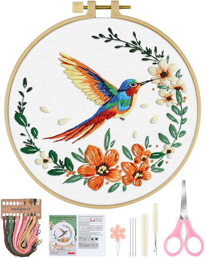 ERKOON Embroidery Kit for Beginners, Hummingbird and Flower Cross Stitch Set for Include Embroidery Cloth Hoops Threads for Craft Lover Hand Stitch (Colorful Hummingbird)