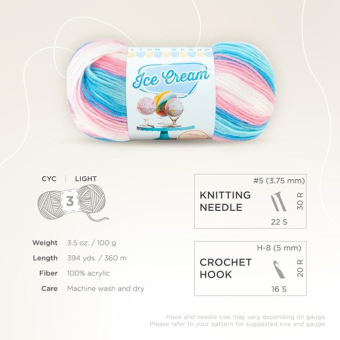Lion Brand Yarn, Ice Cream Baby Yarn for Knitting, Crochet, and Crafts, Cake Batter, 3 Pack, DK Weight Colorful Acrylic Fiber for Baby Blankets, Hats, and Sweaters