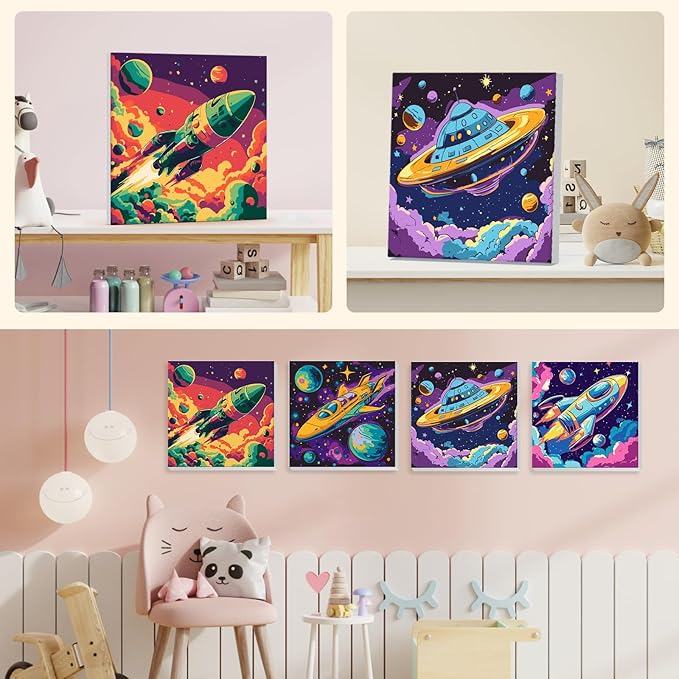 4 Pack Paint by Numbers for Kids with Wooden Framed, Space Rocket, Spaceship, Paint by Number Kits on Canvas for Beginner, Acrylic Oil Painting Kits for Home Decor 8x8 inch, Colorful Planets and Stars