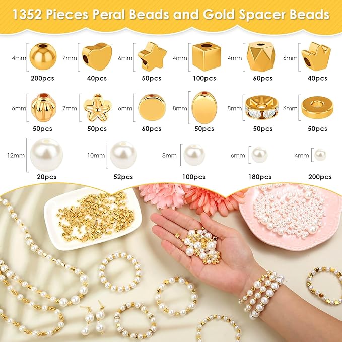 1352 Piece Gold Spacer and Pearl Beads for Bracelets, Assorted Gold and Pearl Beads for Jewelry Making