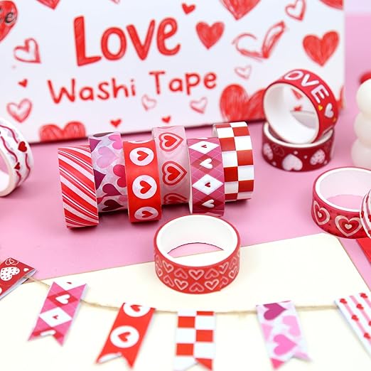 12 Rolls Love Heart Washi Tape Set, Pink Red Decorative Tape Valentine Stripe Dots Masking Tape for Journaling Supplies,Wedding Party,Junk Journal, Scrapbooking, Planner, DIY Arts & Crafts