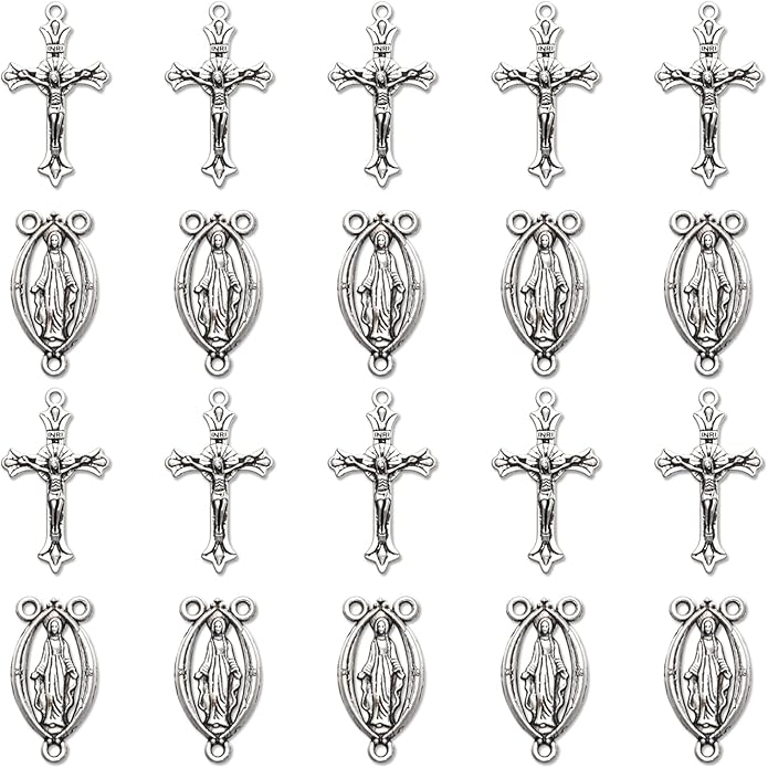30Pcs/15Sets Alloy Rosary Kits Cross and Center Medal Charms Oval Catholic Jesus Maria Links Pendant for Diy Jewelry Making Supplies