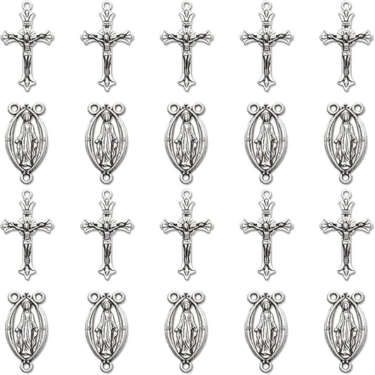 30Pcs/15Sets Alloy Rosary Kits Cross and Center Medal Charms Oval Catholic Jesus Maria Links Pendant for Diy Jewelry Making Supplies