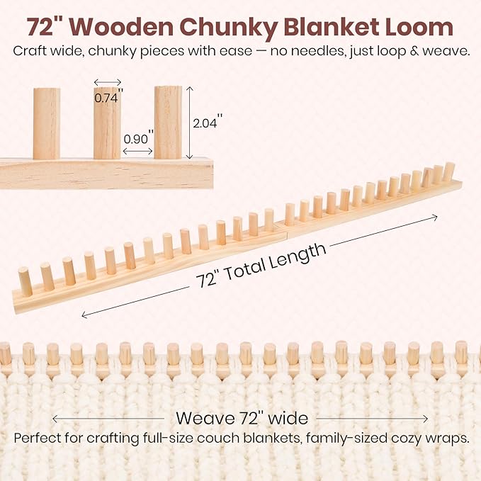 Solid Wood Chunky Blanket Loom for Bulky Yarn to Knit Without Needles - Modular Chunky Yarn Loom for Blankets & Scarves - Available in 32"/48"/72" - with Storage Bag, Stress Relief DIY Gift