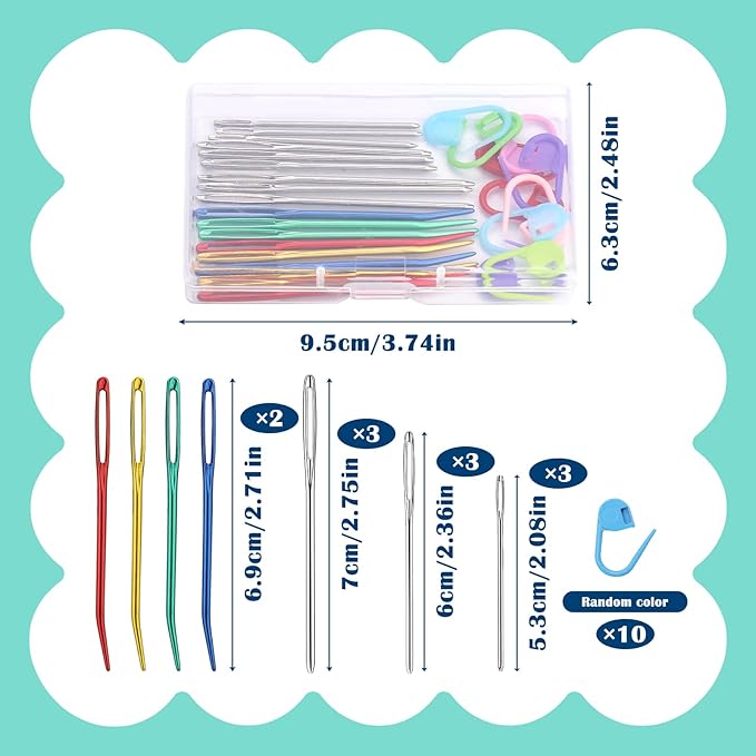 17 Pcs Steel Sewing Needles Kit, Stainless Steel Sewing Needles with Mix Color Stitch Markers, Weaving Needle Bent Tip Tapestry Needles Darning Knitting Sewing Needles for Knitting Crochet