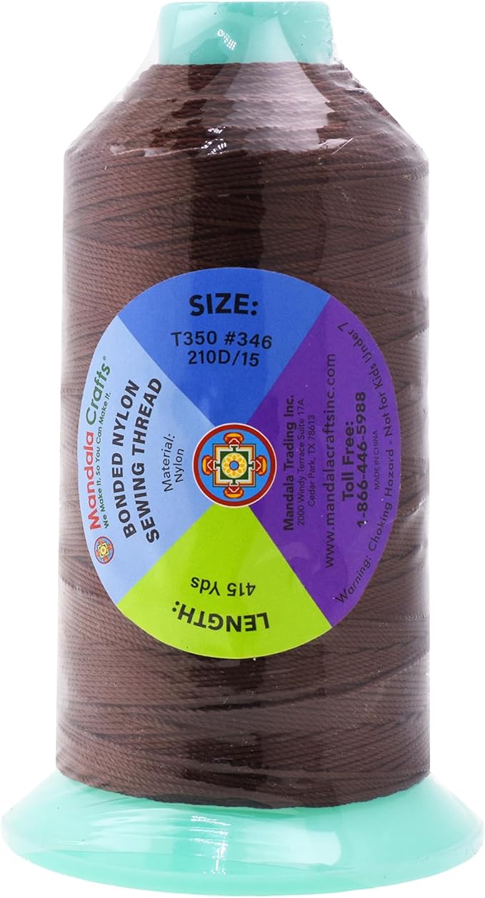 Mandala Crafts Size 346 210D T350 Bonded Nylon Thread - Dark Brown 415 YDs Tex 350 Heavy Duty Sewing Threads for Leather, Jeans, Weaving, Outdoor Marine Upholstery