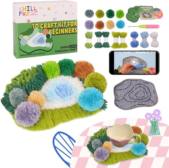 ChillFuzz Latch Hook Kits for Adults - Kids Crochet Kit for Beginners Arts and Craft Kit Moss Rug Coaster Green Latitude37N