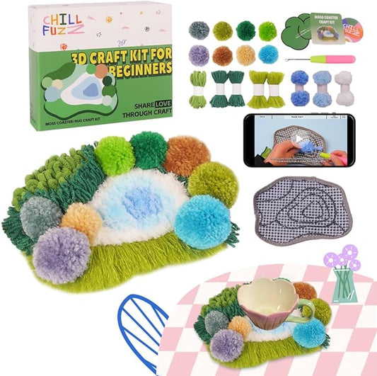 ChillFuzz Latch Hook Kits for Adults - Kids Crochet Kit for Beginners Arts and Craft Kit Moss Rug Coaster Green Latitude37N