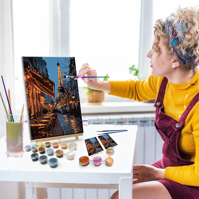 JOOZ Paint by Numbers Kit for Adults with Frame Eiffel Tower Paint by Number with Easel City Street Scene Adult Paint by Number Kits DIY Oil Painting Kits for Gift Home Wall Decor 7.87x11.81 Inch