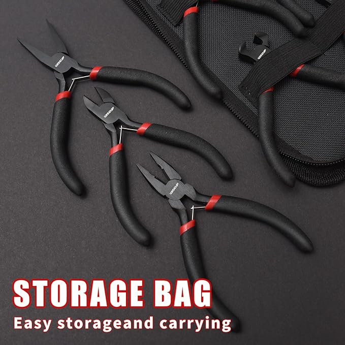 wiseup 8-piece mini pliers set，needle, round, flat, long, bent nose, diagonal, end cutting & linesman pliers for crafting, electronics & jewelry making，with pouch