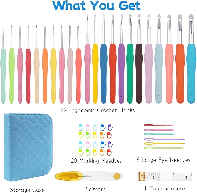 BsHooker 22 Sizes Crochet Hooks Set with Storage Case,0.5mm-10mm Crochet Hooks with Ergonomic Soft Handle for Arthritic Hands,Crochet Kit for Beginners,Blue
